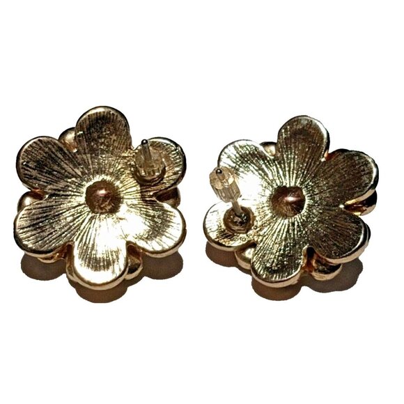 VINTAGE Pink Enamel Rose Stud Earrings Rhinestone Guilloche Limoges Style Flower - Picture 6 of 8